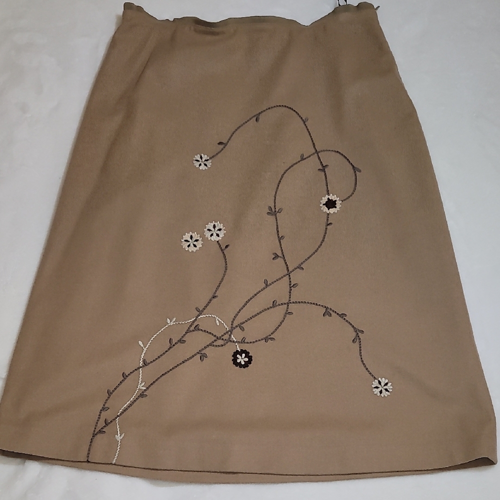 The Limited Tan A-Line Skirt with Floral Embroidery
